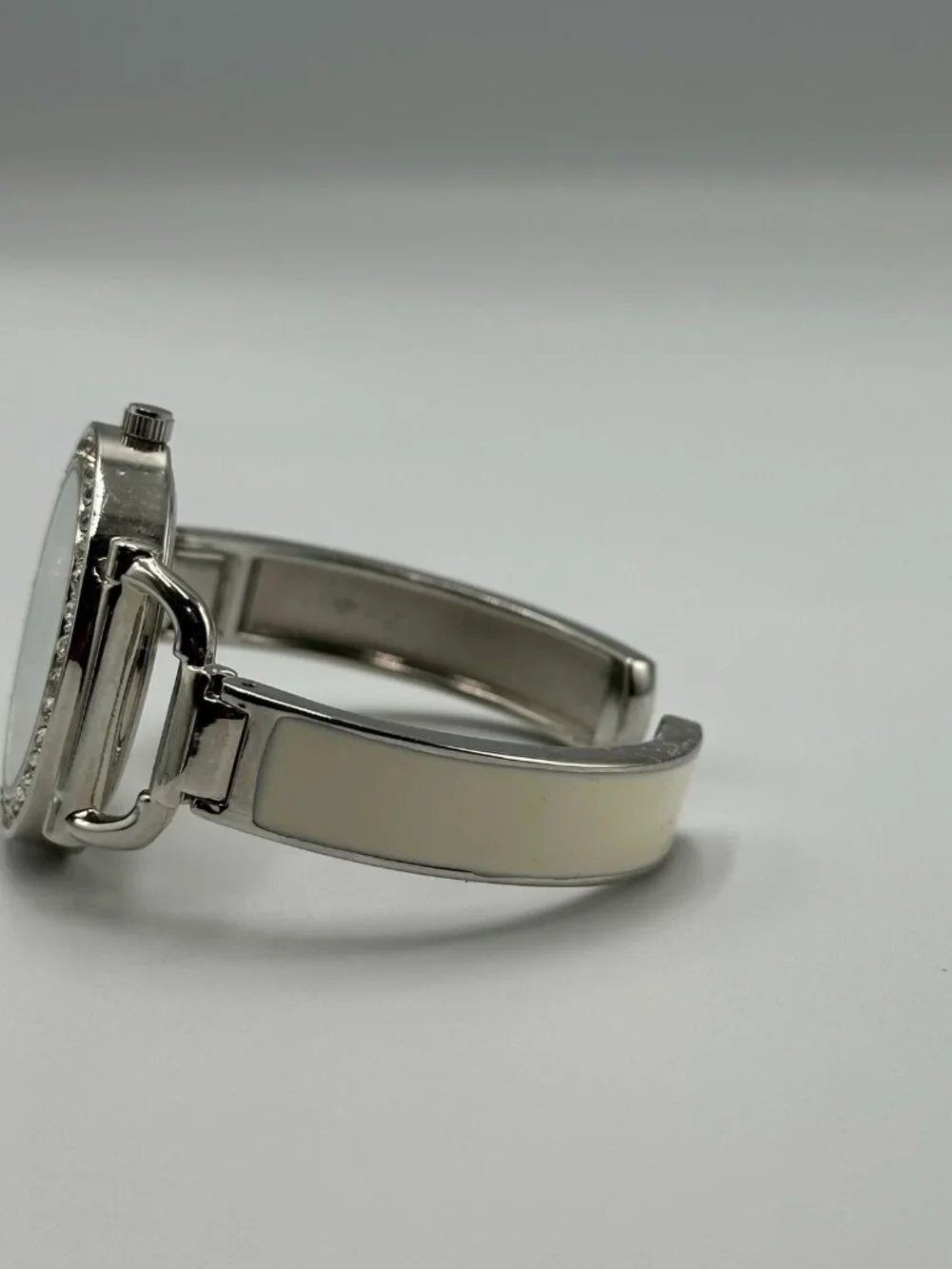 3/$30 Studio Time Watch Women Silver Rhinestone Bezel White Enamel Band 6.25